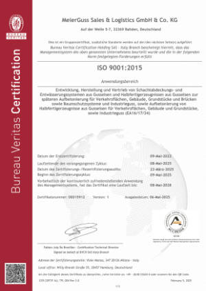 Zertifikat. MeierGuss Sales & Logistics GmbH & Co. KG. DIN EN ISO 9001:2015. Bitte klicken Sie auf das Vorschaubild, um das entsprechende PDF-Dokument in einem separaten Fenster zu öffnen.