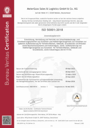 Zertifikat. MeierGuss Sales & Logistics GmbH & Co. KG. DIN EN ISO 50001:2018. Bitte klicken Sie auf das Vorschaubild, um das entsprechende PDF-Dokument in einem separaten Fenster zu öffnen.