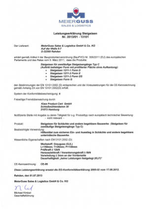 MeierGuss Sales & Logistics GmbH & Co. KG. Leistungserklärung Steigeisen 2013-1-13101. Bitte klicken Sie auf das Vorschaubild, um das entsprechende PDF-Dokument in einem separaten Fenster zu öffnen.