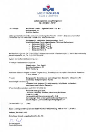MeierGuss Sales & Logistics GmbH & Co. KG. Leistungserklärung Steigeisen 2013-2-13101. Bitte klicken Sie auf das Vorschaubild, um das entsprechende PDF-Dokument in einem separaten Fenster zu öffnen.