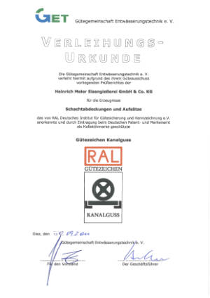 Heinrich Meier Eisengießerei GmbH & Co. KG. Vür die Erzeugnisse Schachtabdeckungen, Aufsätze und Brückenabläufe. Rahden. RAL Gütezeichen RAL-GZ 692. Bitte klicken Sie auf das Vorschaubild, um das entsprechende PDF-Dokument in einem separaten Fenster zu öffnen.