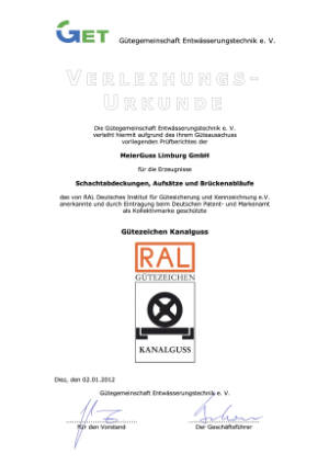 MeierGuss Limburg GmbH. Verleihungsurkunde für die Erzeugnisse Schachtabdeckungen, Aufsätze und Brückenabläufe. RAL Gütezeichen RAL-GZ 692. Bitte klicken Sie auf das Vorschaubild, um das entsprechende PDF-Dokument in einem separaten Fenster zu öffnen.